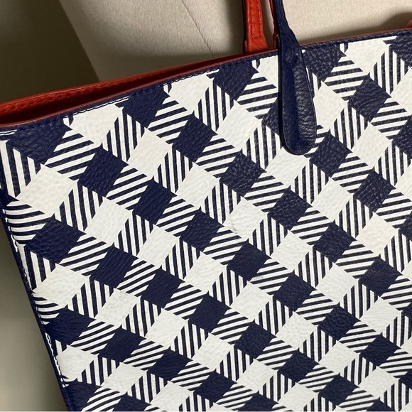 Mud Pie Navy Gingham & Orange-Red Reversible Reagan Tote Bag - Picture 4 of 13